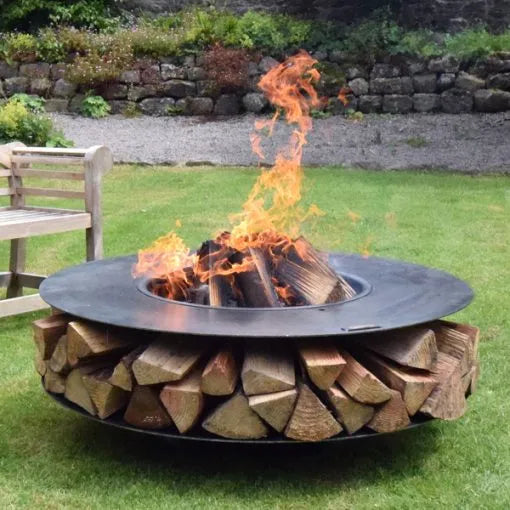 Firepits UK Flat Ring of Logs 120cm Fire Pit with Swing Arm BBQ Rack
